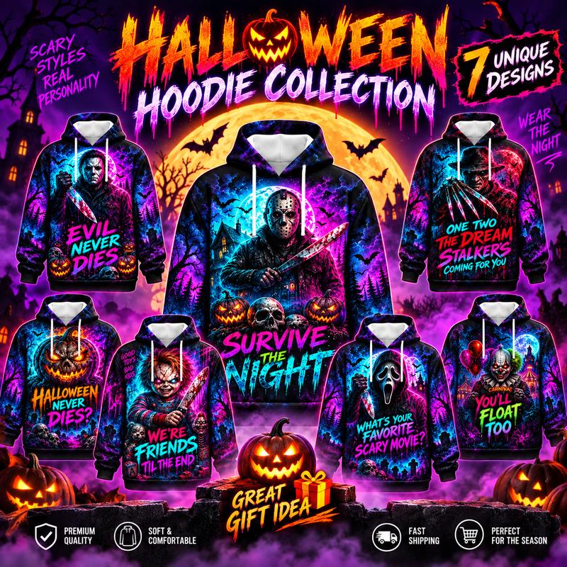 Men's Halloween Hoodie Collection - 7 Scary Graphic Styles for Party, Horror Themed Gifts, Spooky Season Outfit for Fans