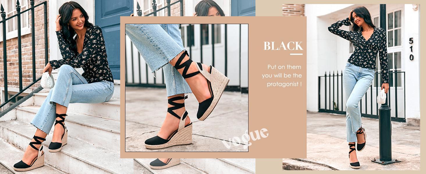 Coutgo Women's Espadrilles Wedge Sandals Platform Closed Toe Ankle Strap Lace Up Summer Shoes