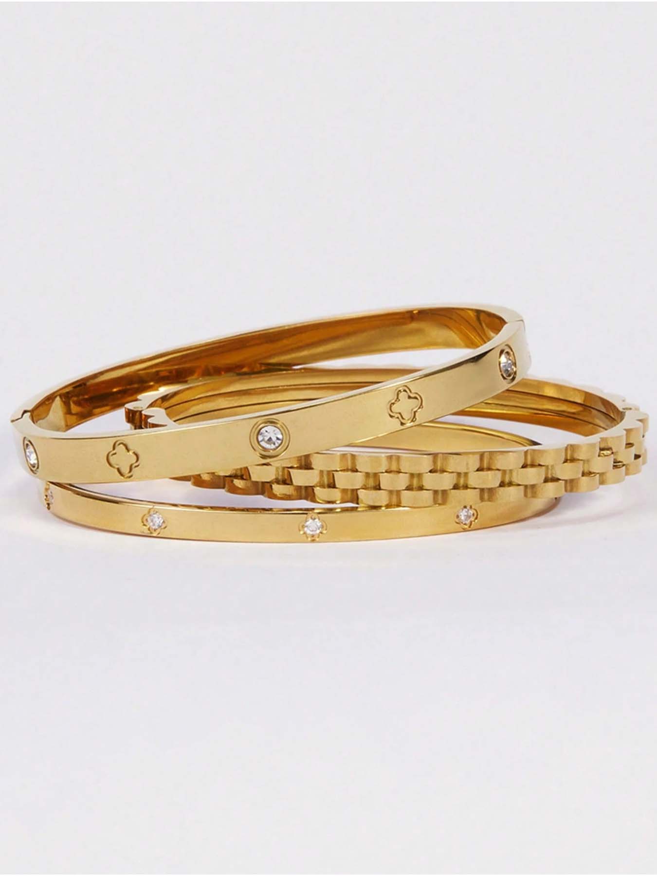 3-Piece Set of 304 Stainless Steel Stackable Bracelet with Chain and Clover Design, Fashionable Style, Suitable for Women, Suitable for Leisure, Party, Festival, Birthday, Wedding, Valentine's Day Gift, Mom, Mother's Day Gift