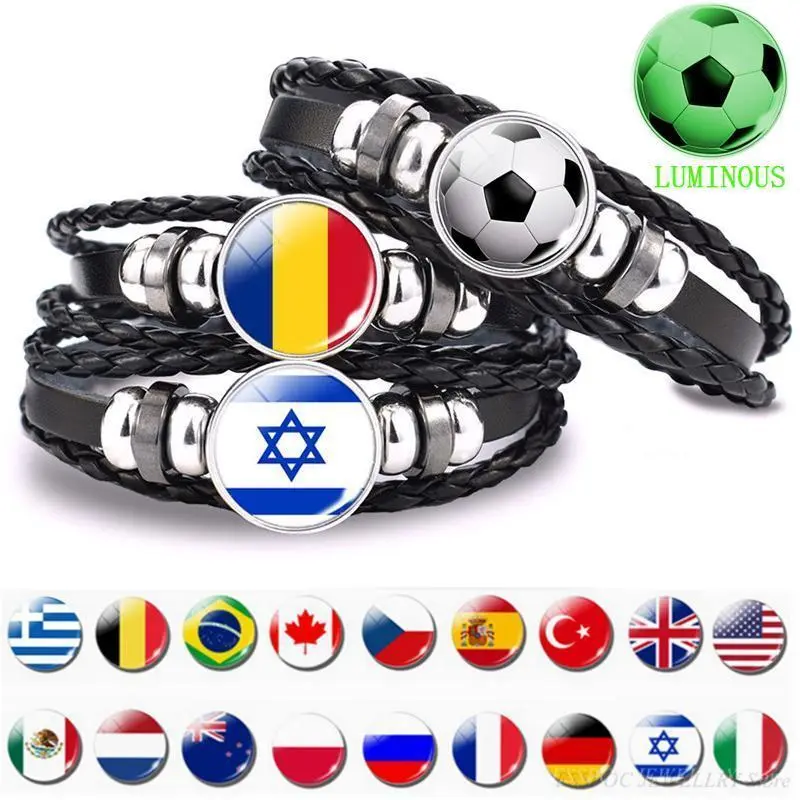 Braided Leather Bracelet with World Countries Flag Charm, Glass Cabochon Soccer Jewelry, Unisex Football Fan Gift, Yes