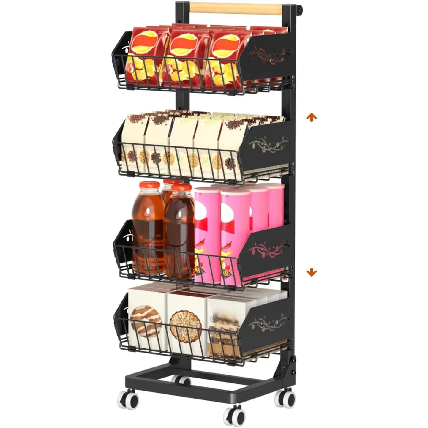 4-Tier Snack Cart with Wheels, Height-Adjustable, Removable Rolling Cart