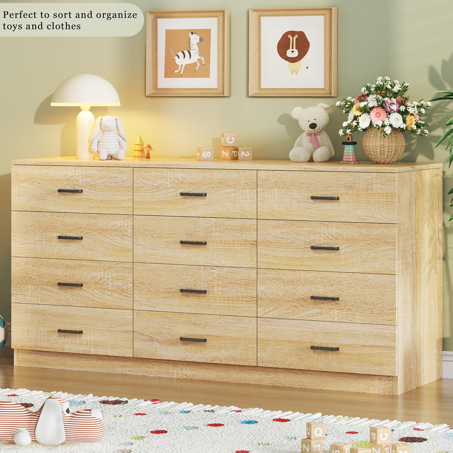 Dresser for Bedroom with 12 Drawers, 60'' Wide Mid Century Modern Dressers, Natural Wood Grain, Chests of Drawers TV Stand, Large Storage Organizer, Closet, Entryway, Natural