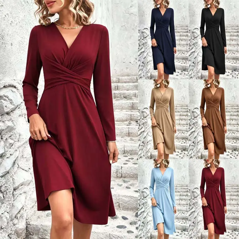 Women’s Long Sleeve V Neck Midi Dress Elegant Twist Front Wrap Dress Casual Flowy A-Line Fall Dress Wedding Guest Cocktail Party Church Work Office Date Night Dress Soft Stretch Knee Length Dress for Women