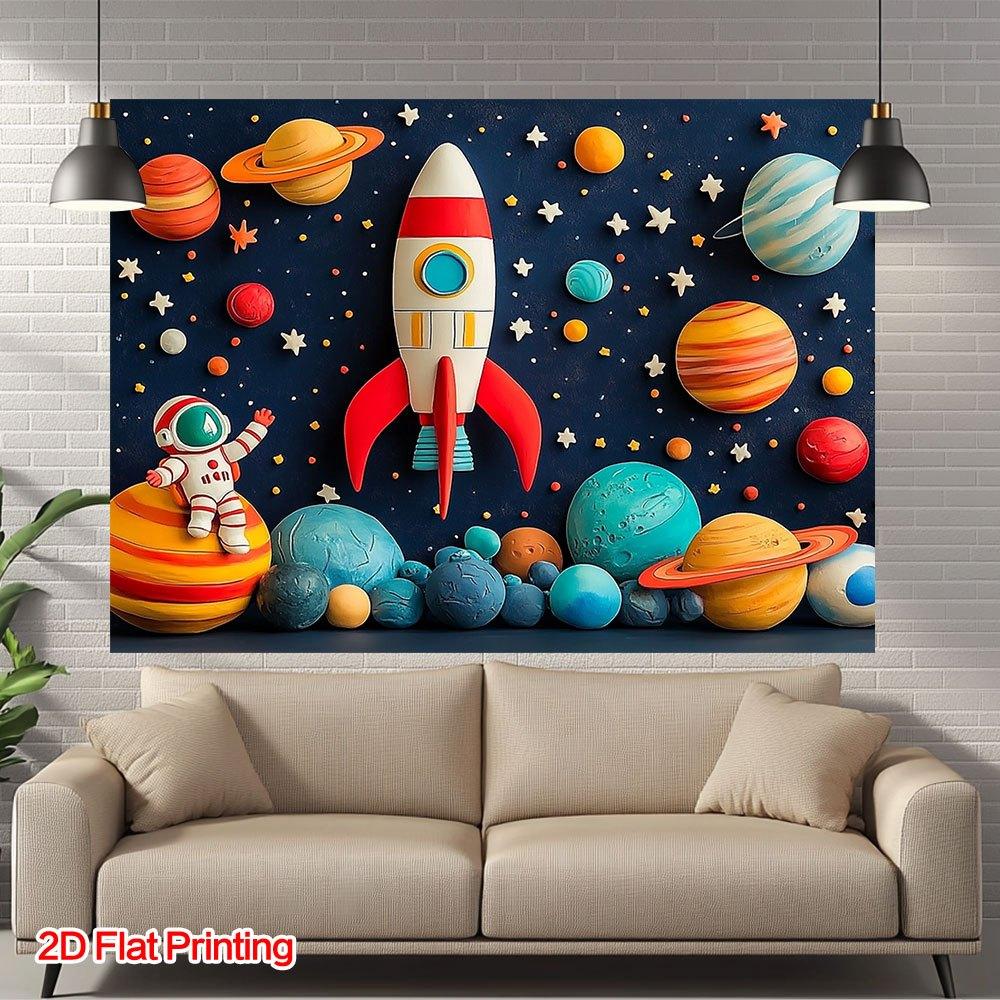 Astronaut Birthday Banner, Rocket, Planet, Space Astronaut, Polyester Decorative Background Cloth, Party Supplies, Home Decoration