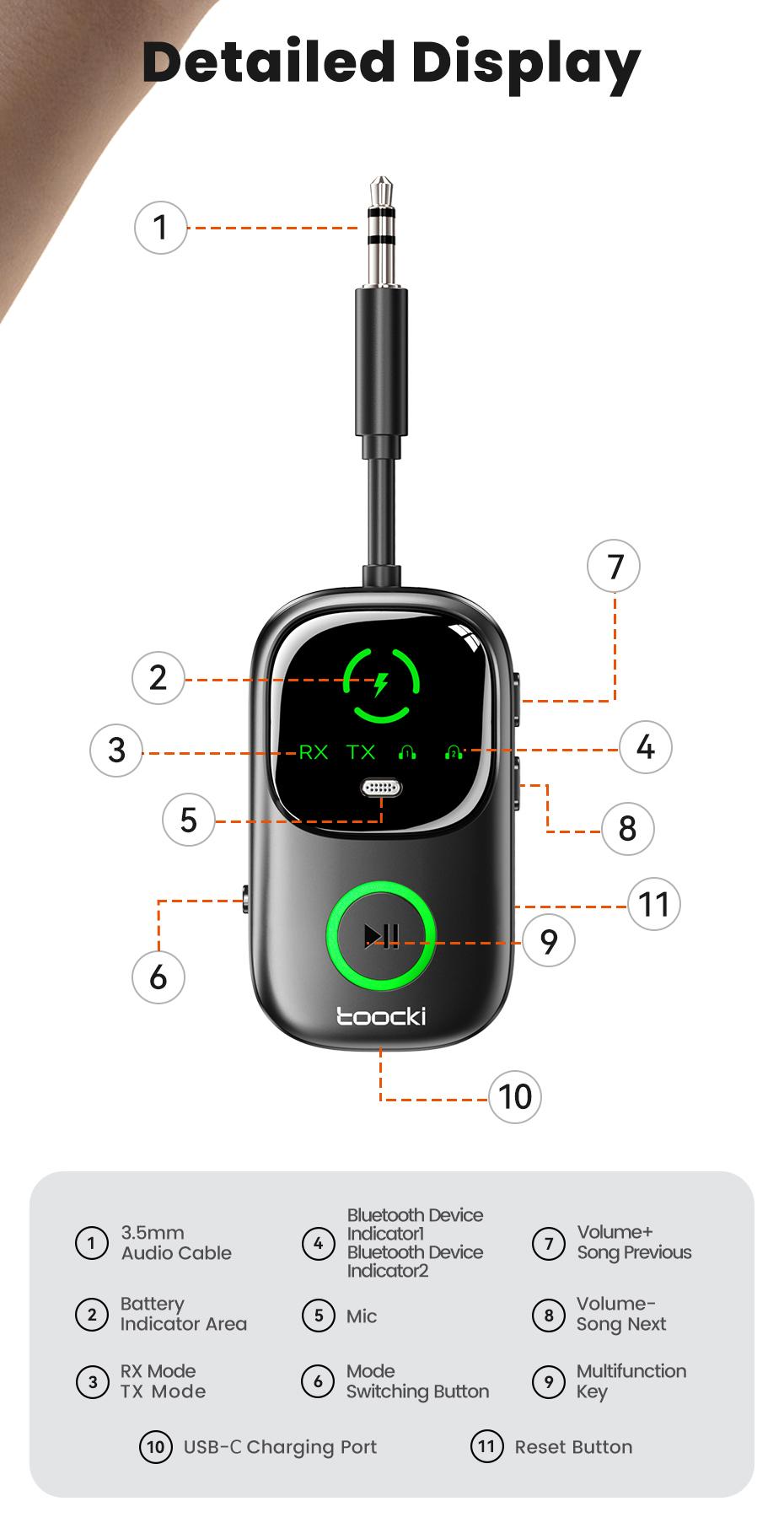 Toocki Bluetooth 5.4 Audio Reciever Transmitter RT/TX 2 In 1 3.5mm AUX Dual Device Adapter for TV Earphones Cars Airplane Car LED Display 3.5mm Jack AUX Bluetooth Dongle Toocki Bluetooth 5.4 Audio Reciever Transmitter RT/TX 2 In 1 3.5mm AUX Dual Device Adapter for TV Earphones Cars Airplane Car LED Display 3.5mm Jack AUX Bluetooth Dongle