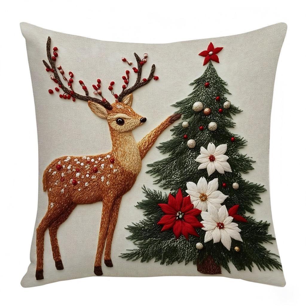 Christmas Decorative Pillowcase, Santa and Reindeer Print, Flat Design, No Embroidery, for Sofa, Bed, Home Décor, Christmas Gift