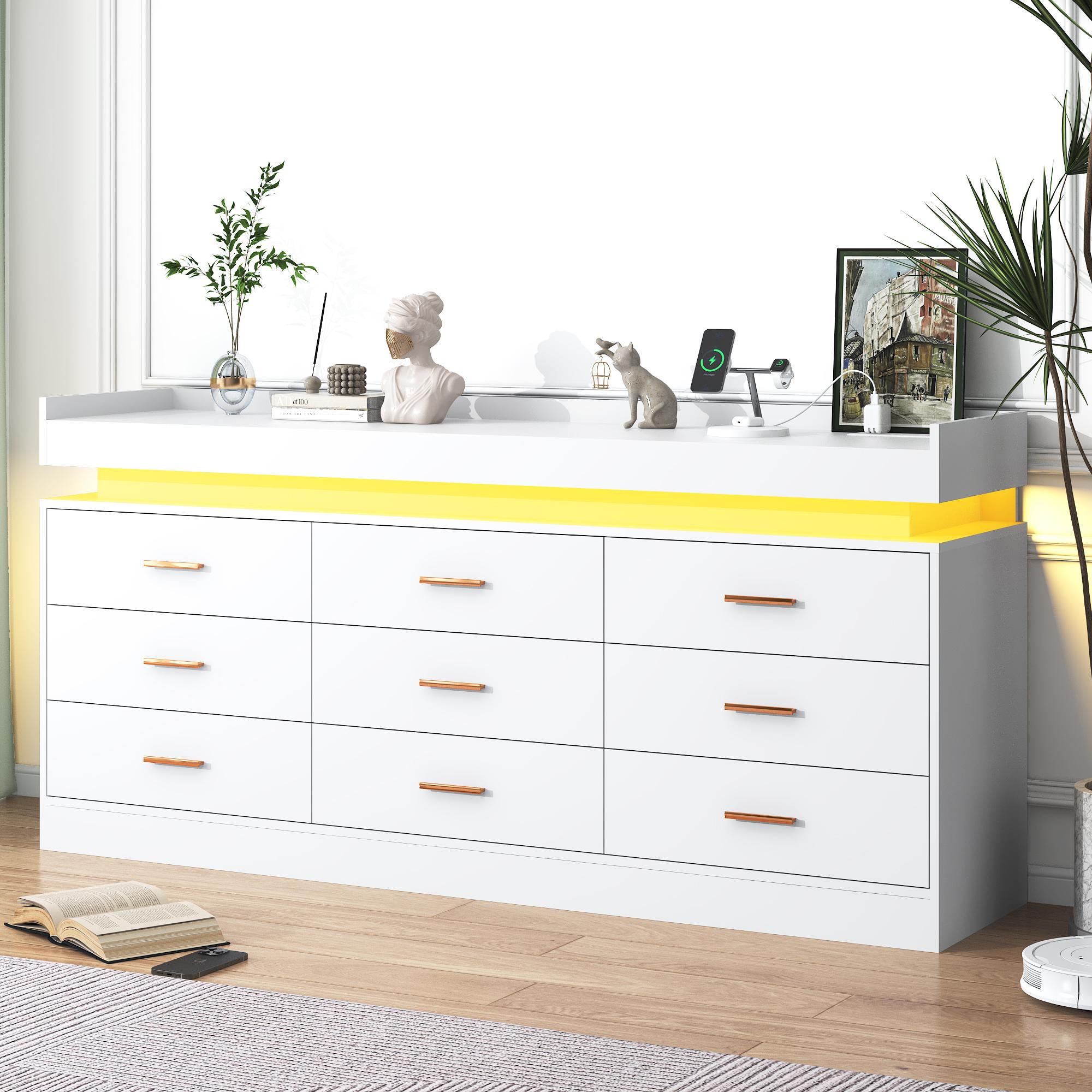 Dresser with LED Light, Modern Chest of Drawers for Closet, Wide Drawer Organizer Cabinet for Bedroom, Living Room, Entryway, Hallway, White/Black