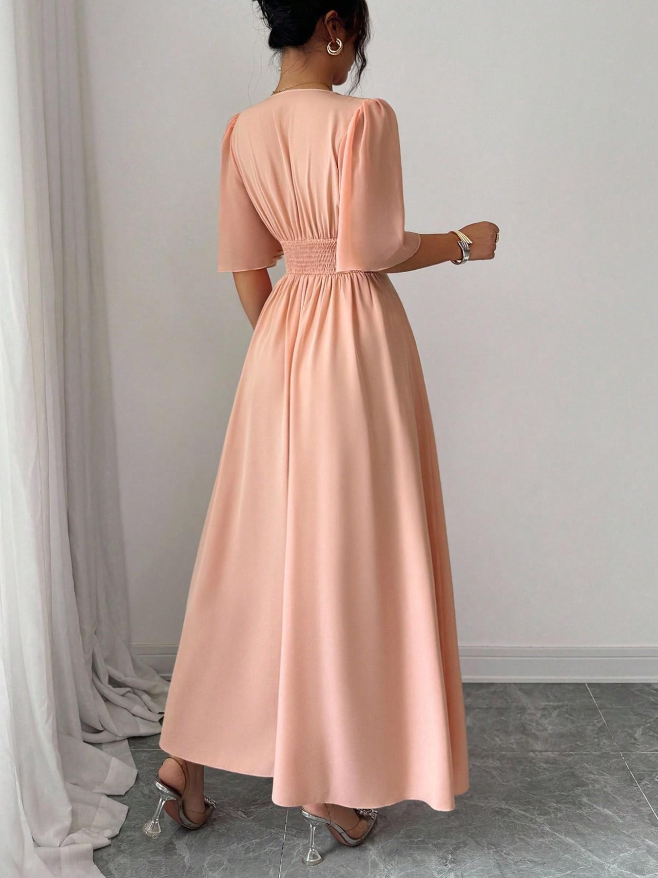 New Women's Lapel Neckline Dress, Waist Ruched Back Tie Chiffon Patchwork, Peplum Sleeves Design, Casual Elegant Chic Summer Dress