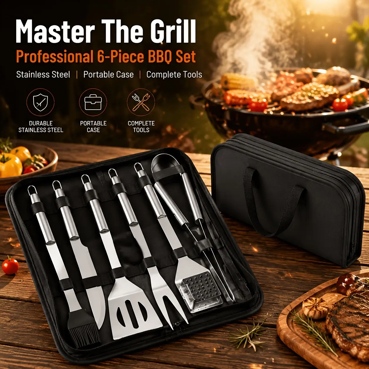 6-Piece Stainless Steel BBQ Tool Set, Portable Grill Kit with Storage Bag, Ideal for Outdoor Camping, Backyard Use, Compatible with Grill Basket