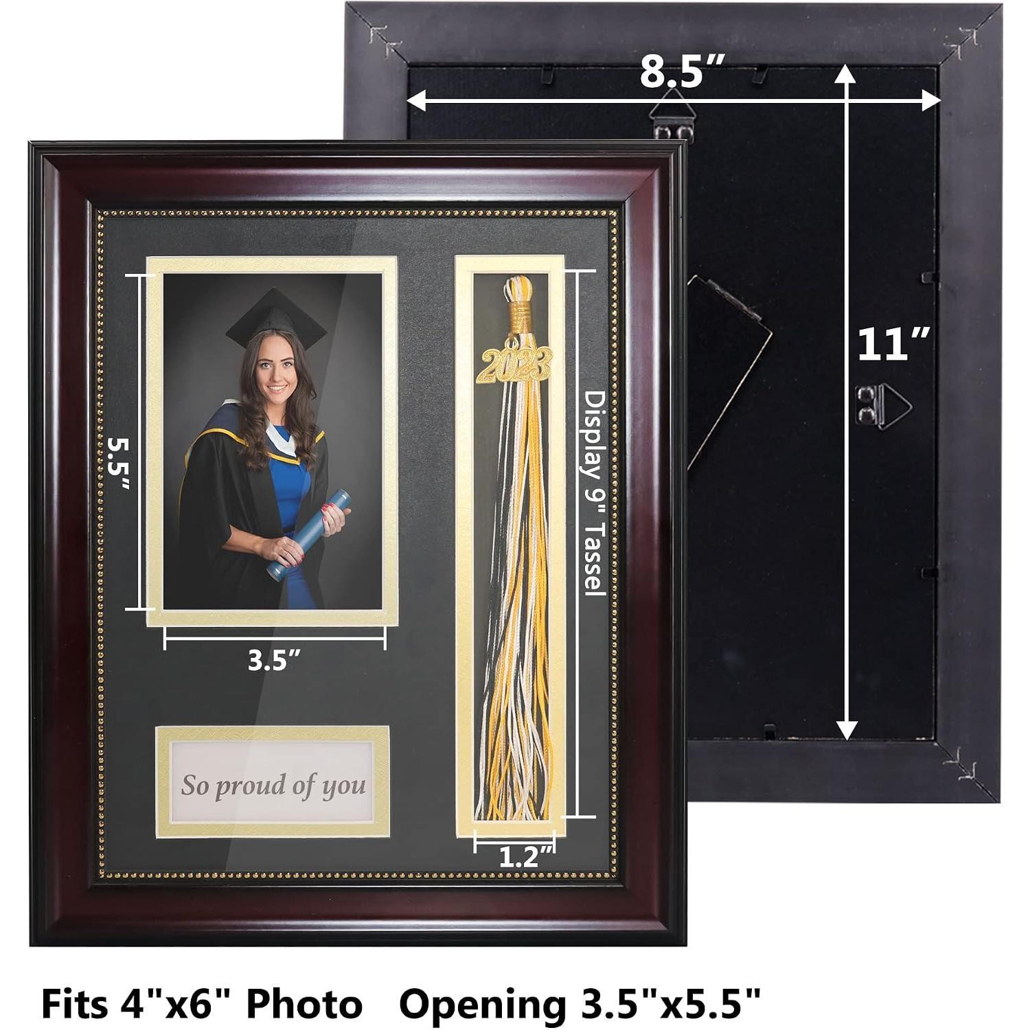 Graduation Photo Shadow Box Frame with Tassel Holder for 4x6 Pictures,Real Glass,Black over  Double Mat,Wall & Tabletop Design