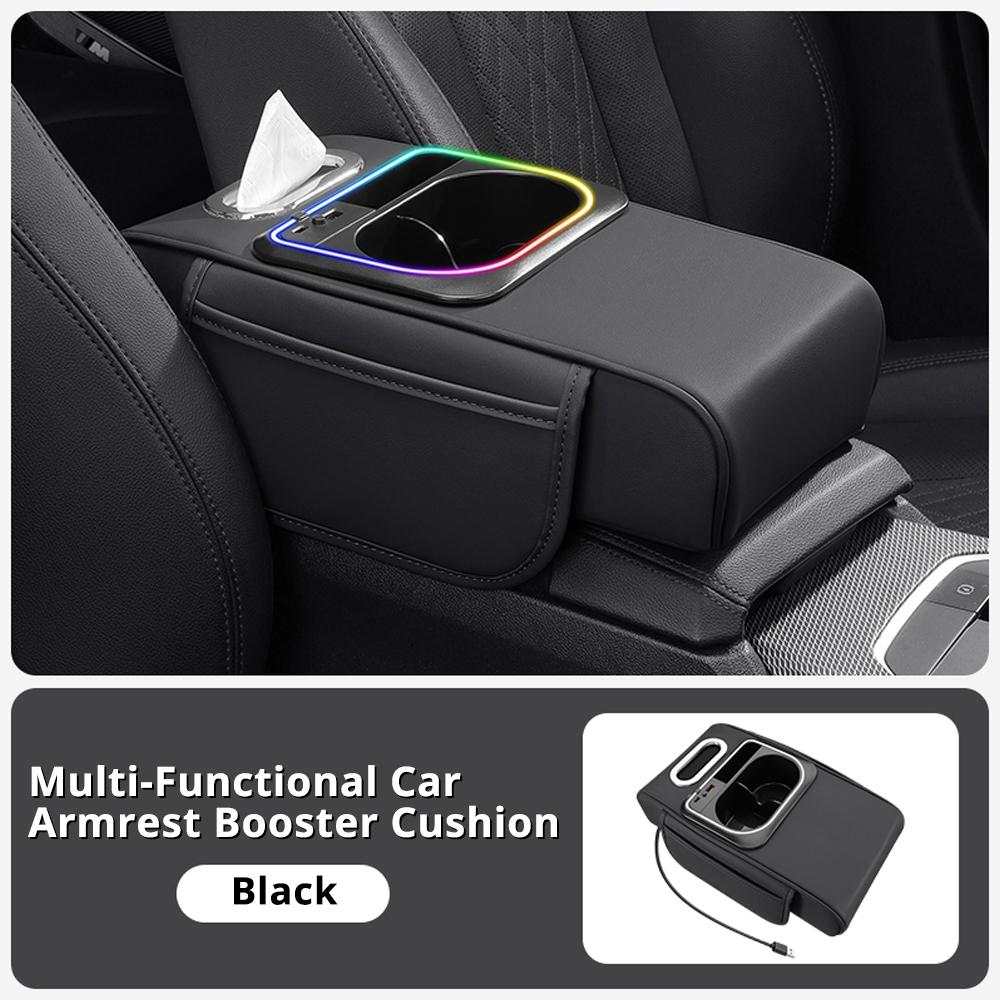Car Multi-Functional Handrest Storage Cushion, Fast Charging Type C & Type a Dual Ports, Music Sync RGB Ambient Light, Easy Install, Car Armrest Box Accessories,  Car Console Organizer