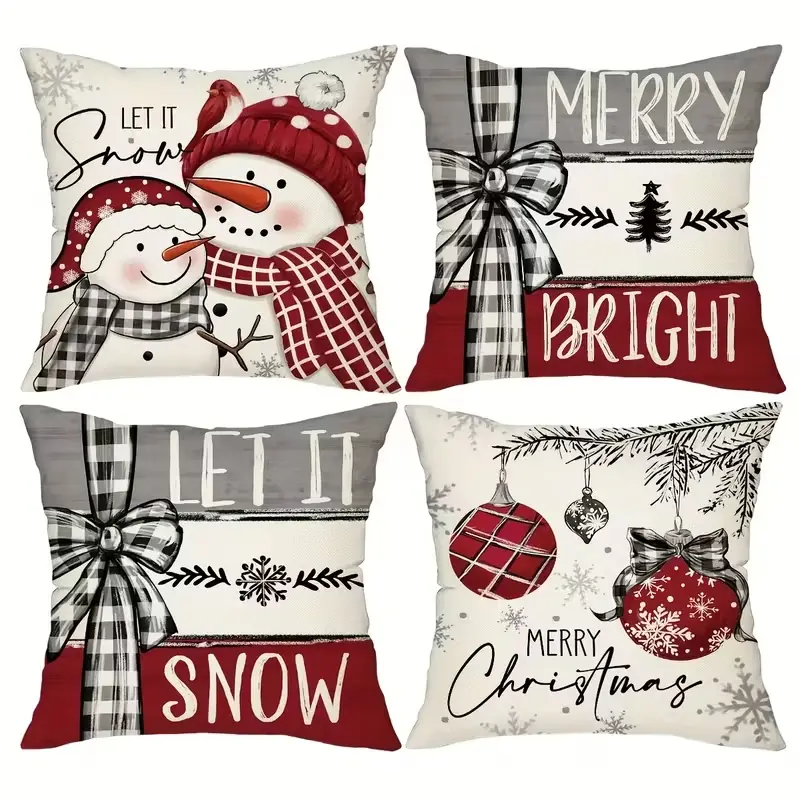 4pcs Set of 18x18 Inch Christmas Throw Pillow Covers,  Winter Holiday Cushion Case Decoration, Snowman Christmas tree Designs, ZipperClosure,Linen,Peach Skin, Merry Christmas Decor 2026 for Home, Couch, Sofa, Living Room – No Inserts Included