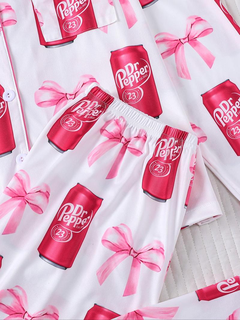 Women's Fall Winter Long Sleeve Sleepwear Set, Casual Soda Print Soft Fabric PJ Set, Comfortable Lapel Top & Wide Leg Pants Women's Fall Winter Long Sleeve Sleepwear Set, Casual Soda Print Soft Fabric PJ Set, Comfortable Lapel Top & Wide Leg Pants