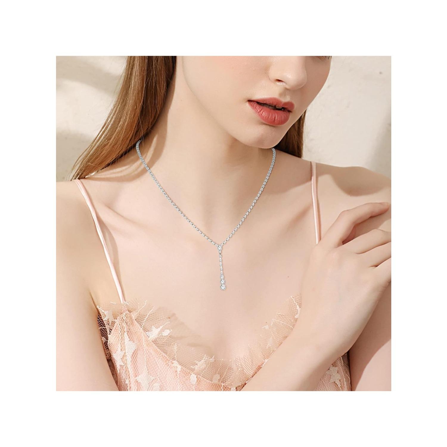 One Set Silver Bridal Jewelry Set Rhinestone Necklace Bracelet Dangle Earrings for Bride Bridesmaid Teardrop Pendant Crystal Wedding Prom Jewelry Accessories for Women