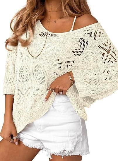 Women's Spring/Summer Crochet Hollow Out Three-Quarter Sleeve Pullover Sweater Batwing Sleeve Vacation Style Intellectual and Gentle Style