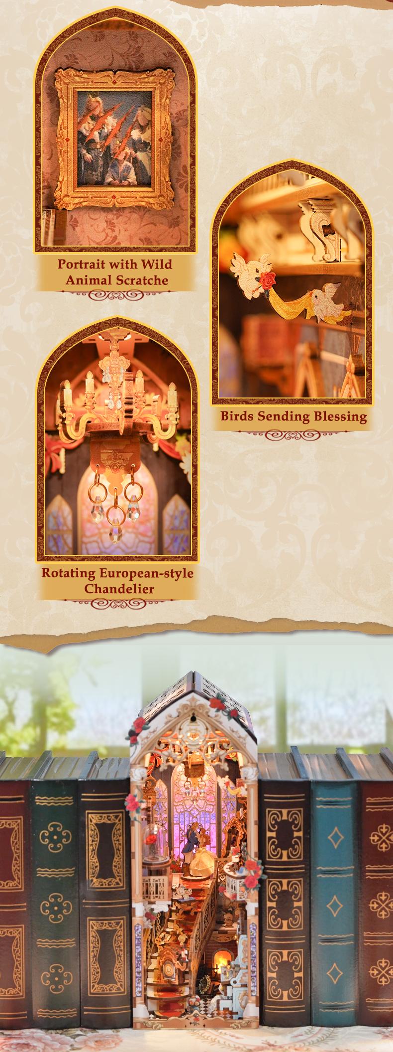 Tonecheer DIY Book Nook Kit for Adults 3D Wooden Puzzle Bookend Miniature House Kit with Dust Cover and LED Lights Gifts for Bookshelf Insert Decor - Dress Up Dolls Anime Artificial (Beast‌ and Beauty)