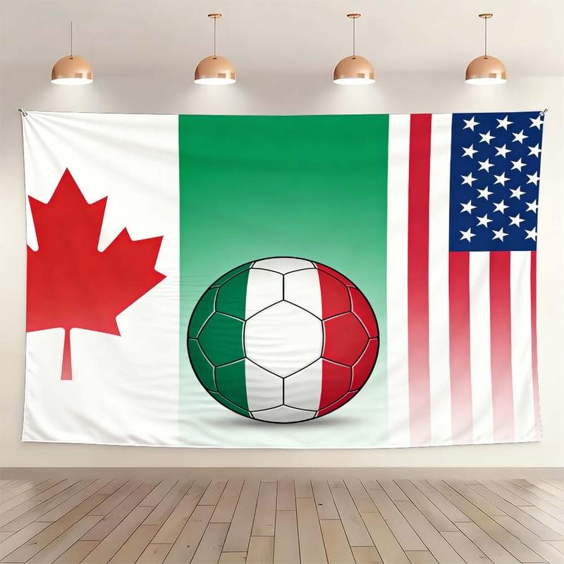 1 pc microfiber FIFA World Cup Tapestry Wall Hanging Soccer Flags Decor Living Room Dining Room Bedroom Outdoor Holiday Atmosphere Enhancement Green Red White American Canadian Flag Soccer Ball Art Multinational Sports Theme Stylish Decorative Background