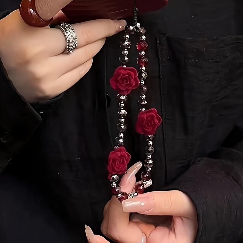 1pc Gothic Red Velvet Rose Bead Phone Pendant - Stylish Acrylic Keychain and Bag Hanging Ornament with Intricate Floral Design, Perfect for Phones and Accessories, Keychain Phone Pendant, Phone Charm, Phone Accessory