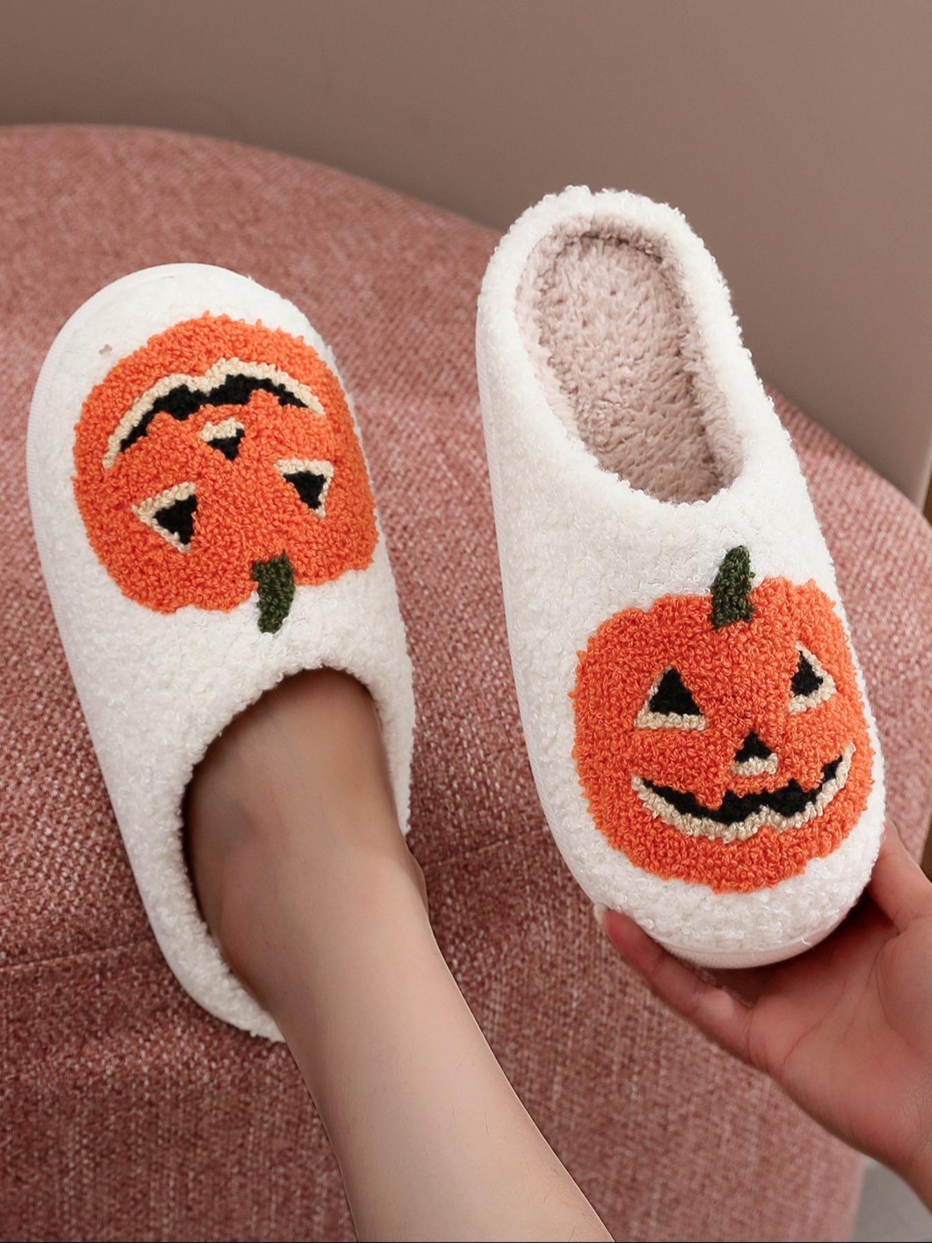 Women's Cartoon Pumpkin Pattern White Slippers, Casual Soft Comfortable Home Slippers, Warm Lightweight Slipper for Indoor & Outdoor Useas Birthday Gifts Halloween, Girl, Footwear