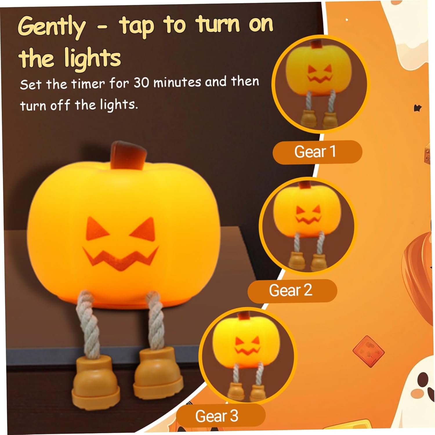 Pumpkin Night Light, 3 Level USB Rechargeable Kids Soft Silicone Touch Lamp with 30 Min Timer, Cute Night Light Halloween Decorations for Nursery Room