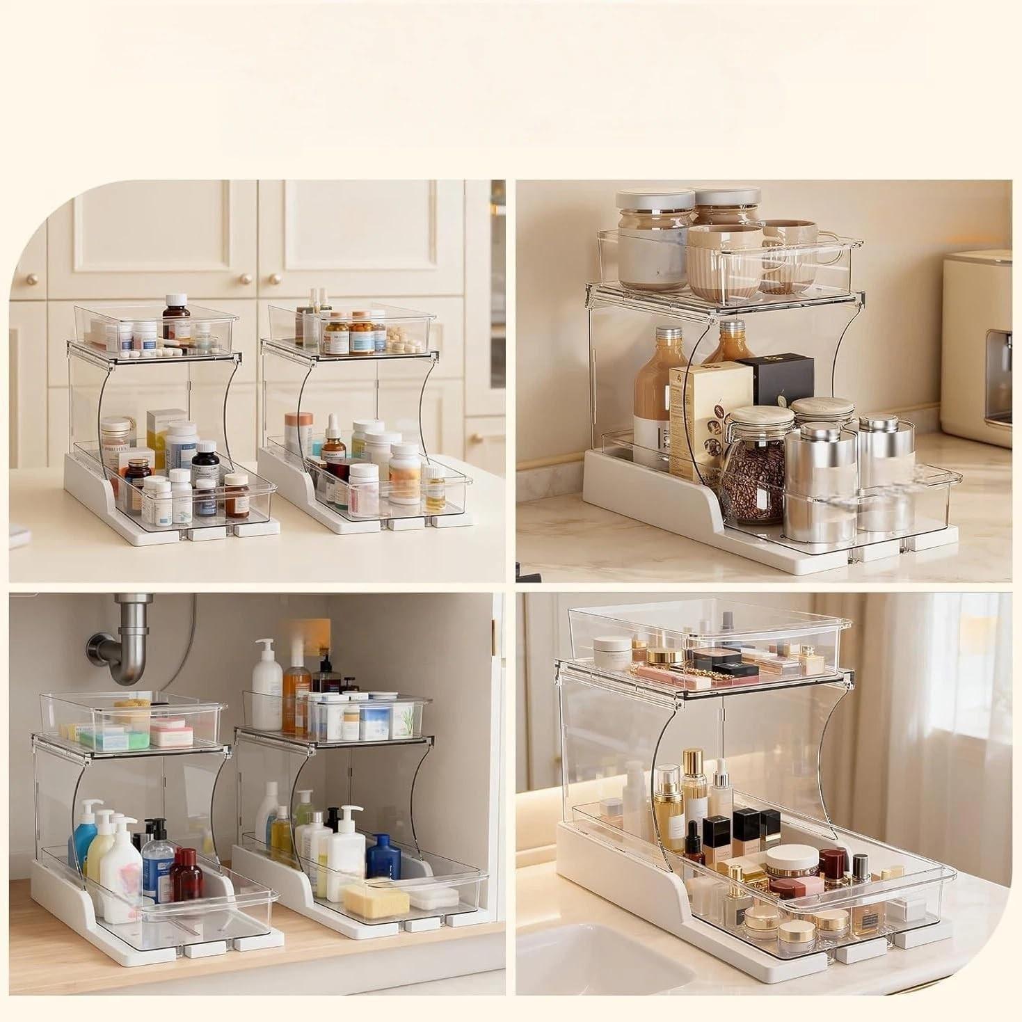 Double Layer Pull-Out Cabinet Organizer, Rotating Sliding Drawer Storage Rack, Kitchen and Bathroom Use, Under Cabinet Storage Shelf