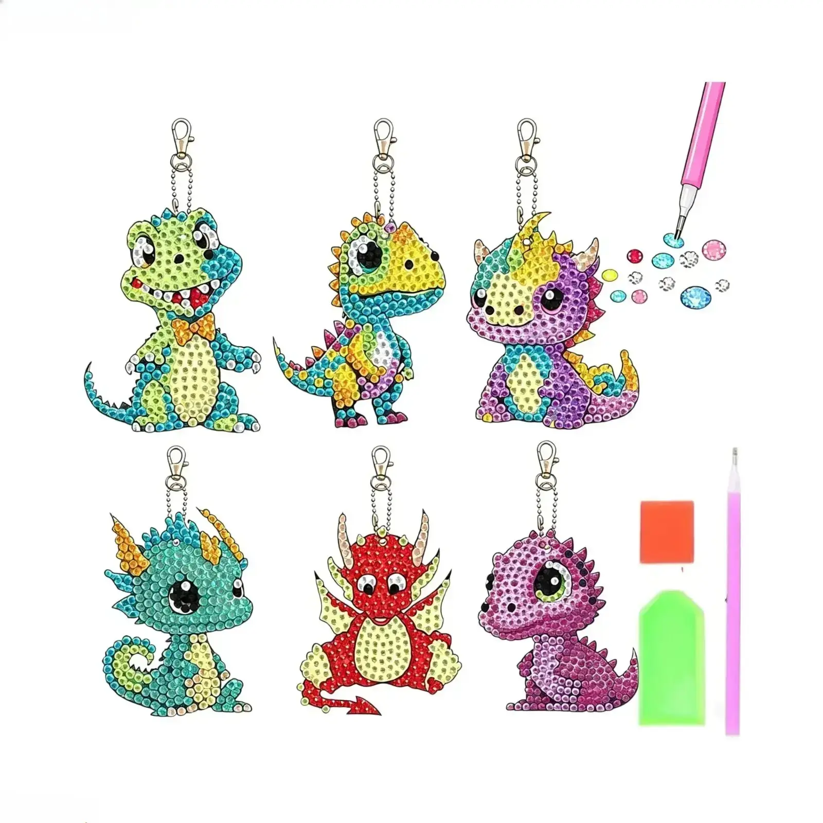 Unisex 6-Piece Cute Dinosaur Diamond Painting Keychains DIY Crafts Kit - Customizable Rhinestone Animal-Shaped Charms with Plastic Base for Bags, Backpacks, Animal Shapes