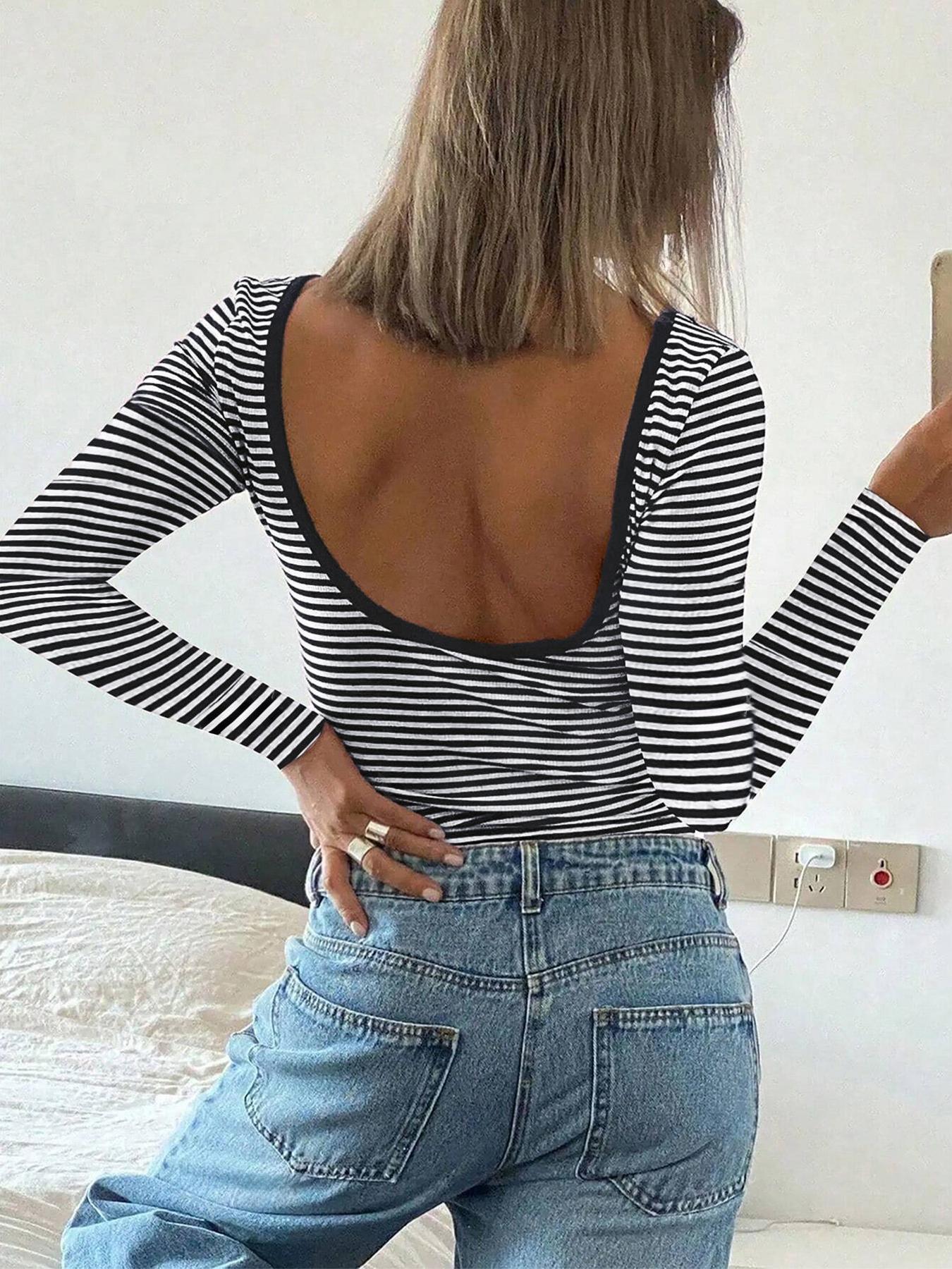 Women's Low-Back Ribbed Striped Top, Crew Neck Long-Sleeve Relaxed-Fit Crop Tee Knit, Ideal for Casual Outings/Weekend Hangouts/Everyday Wear