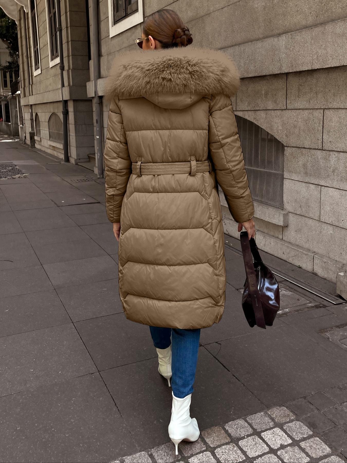 Women's Plus Size Winter Cotton Jacket, Hooded Warm Outdoor Commuter Coat with Fur Collar, Pocket Zipper, Waist Belt, Long Sleeve