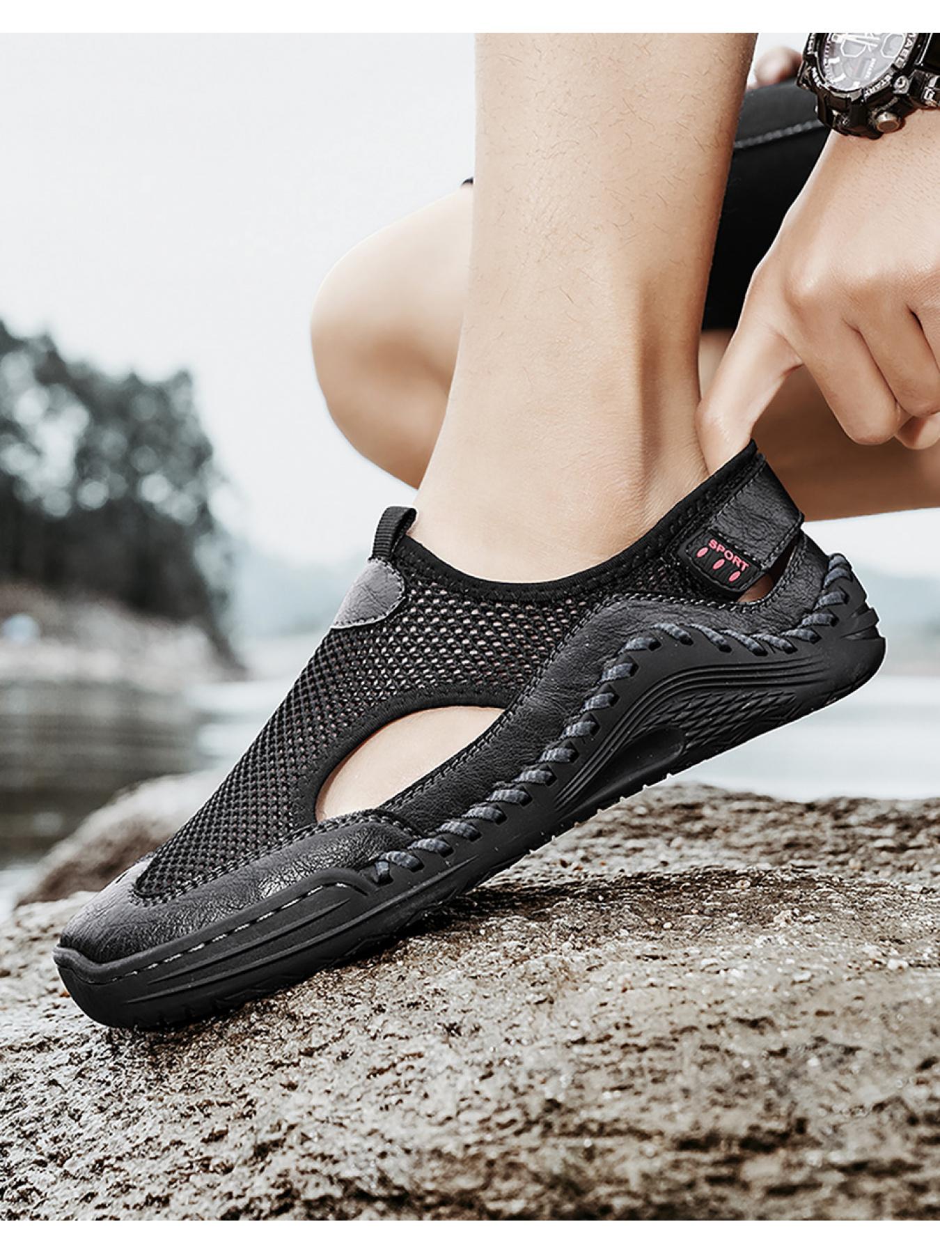 Men's Solid Color Mesh Breathable Closed-Toe Sandals, Hand-Stitched Soft Sole Water Shoes, Slip-On Casual Outdoor Beach Shoes