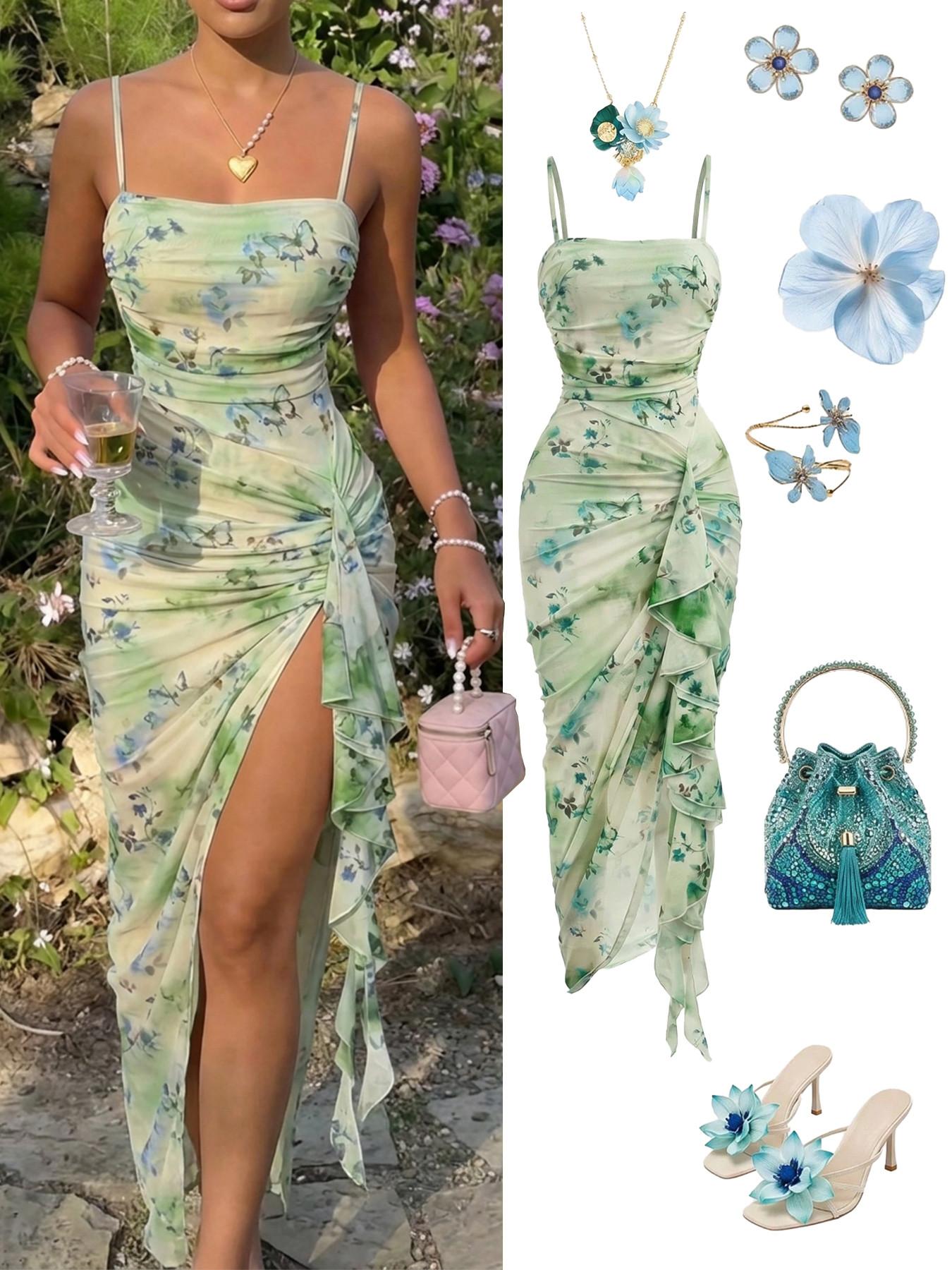 Women's Casual Vacation Floral Print Ruched Split Hem Asymmetrical Dress, Vintage Butterfly Print Elegant Ruffle Design Dress,Seductive,Party,Cocktail Dinner Prom Vacation Outfits