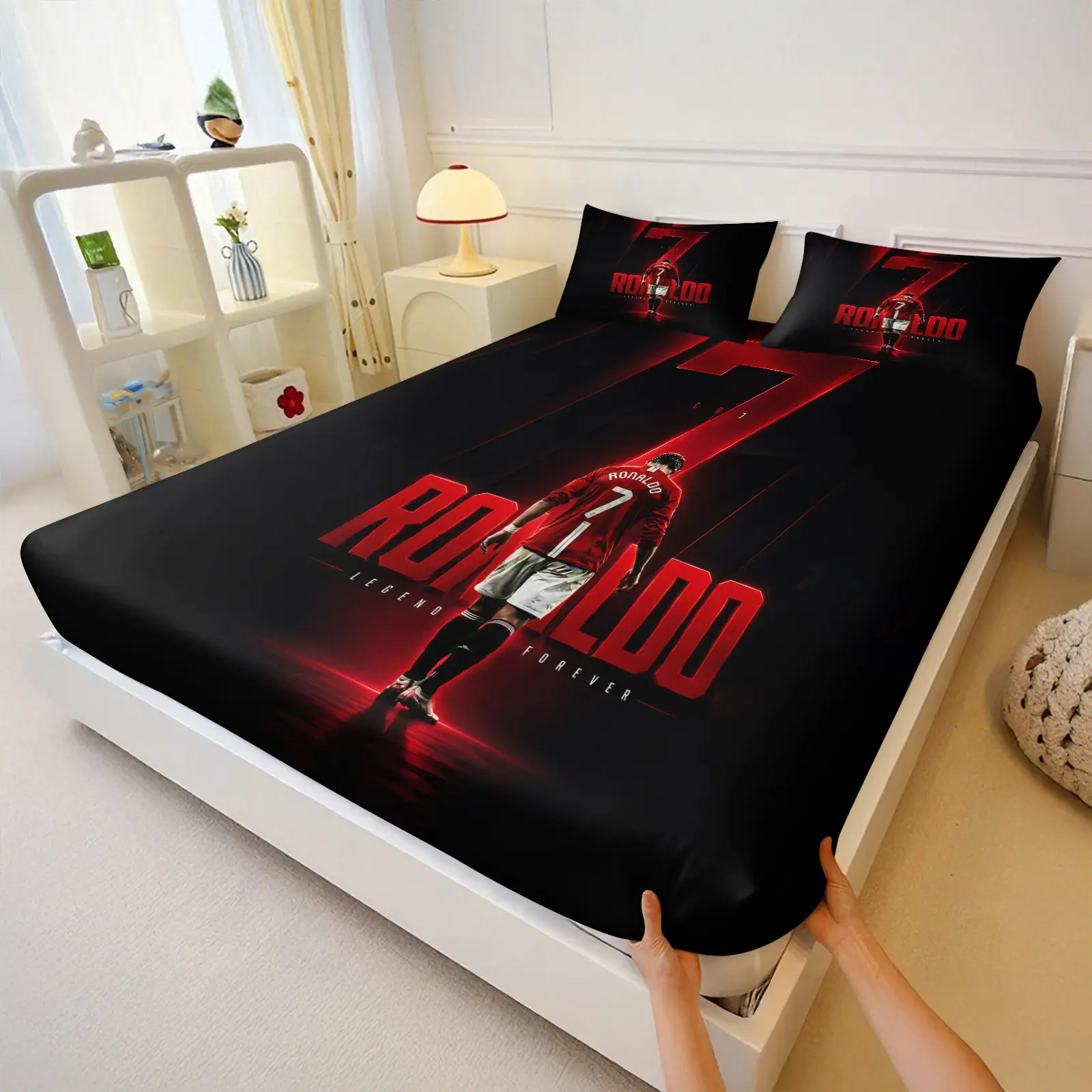 Soccer Legend No.7 Themed Fitted Sheet Set, Soft Breathable Deep Pocket Bed Sheet & Pillowcases, Football Fan Bedding for Teens & Men, Breathable Sheets