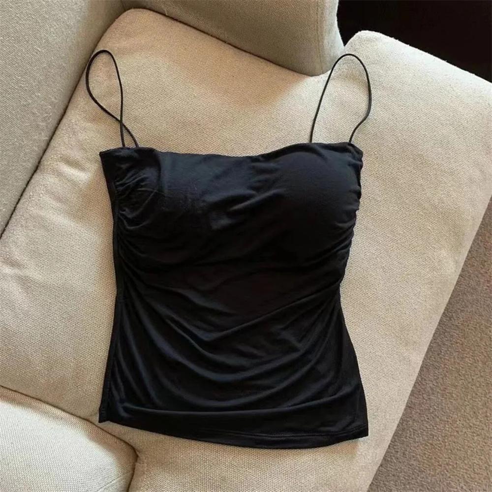 Women's Sexy Corset Crop Top - Thin Strap Ease, Bold Crop Top Look, Short Length, Pleated Detail, Solid Color, Built-In Bra, Soft Support, Sleeveless, Body-Hugging Sun Protective Sports & Outdoor Vest