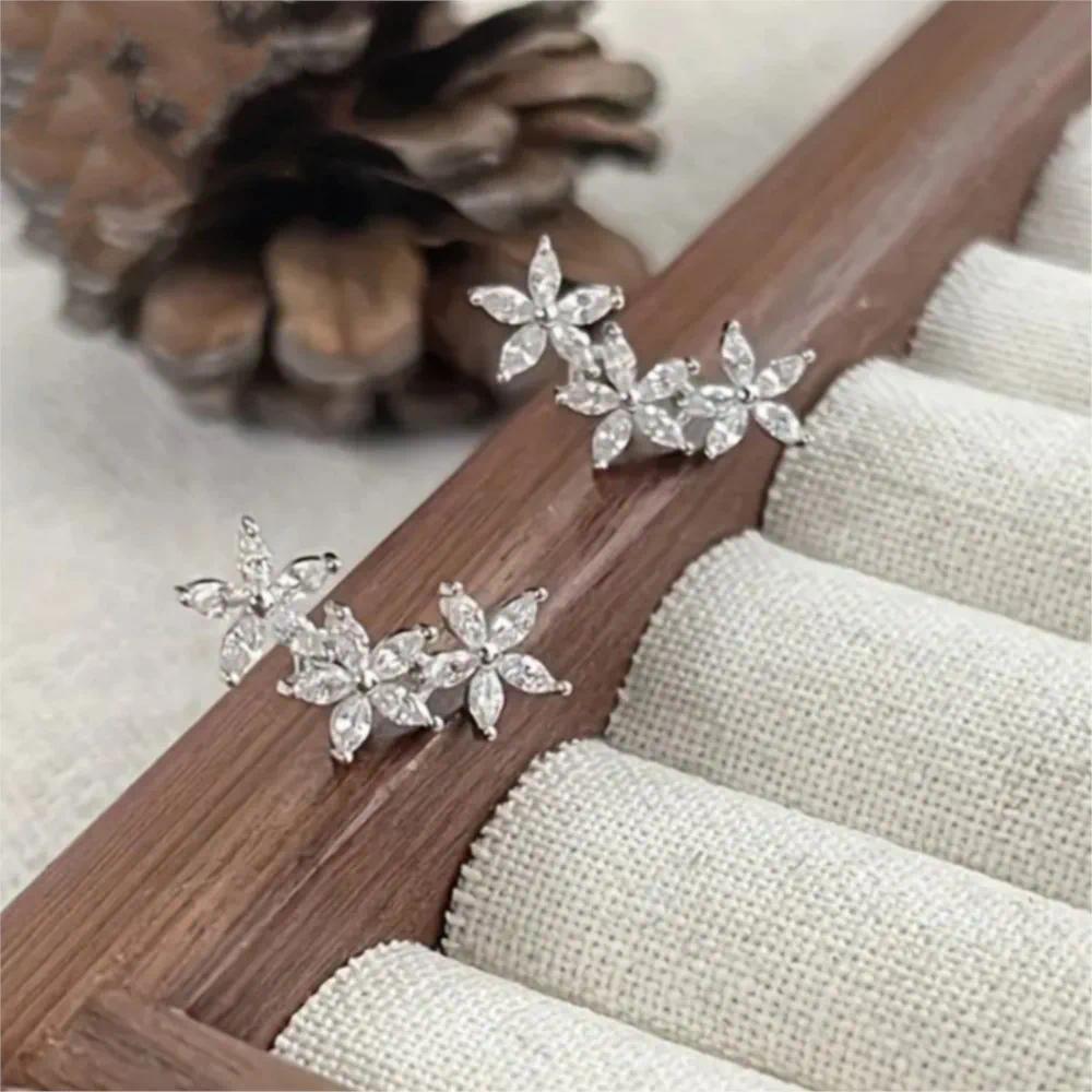 Silver Color Classic Zircon Flower Stud Earrings for Women Elegant Sweet Earrings Party Jewelry Gifts