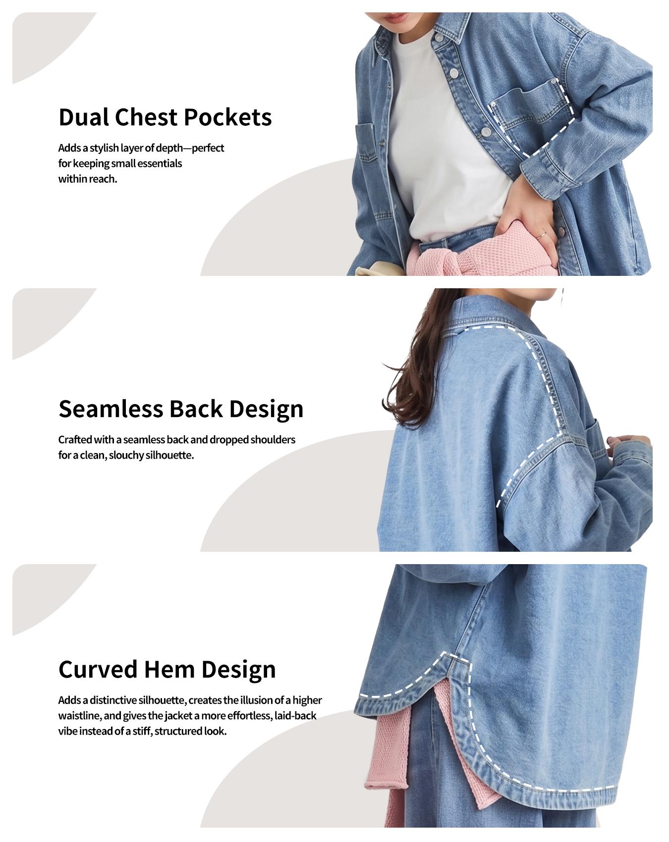 Long Sleeve Denim Jacket for Women,Drop Shoulder Curved Hem Denim, Classic Button Down Denim Jacket with Chest Pockets, Fashion Women's Clothing for Daily Wear, Vintage Western Trucker Jacket, Outerwear