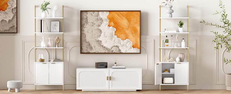 Vabches 3 Tier White & Gold Ladder Shelf with Storage Cabinet, Modern Ladder Bookshelf with Doors, Wall Mount Bookcase with Metal Frame, Display Shelves for Living Room, Bedroom, Bathroom, Home Office