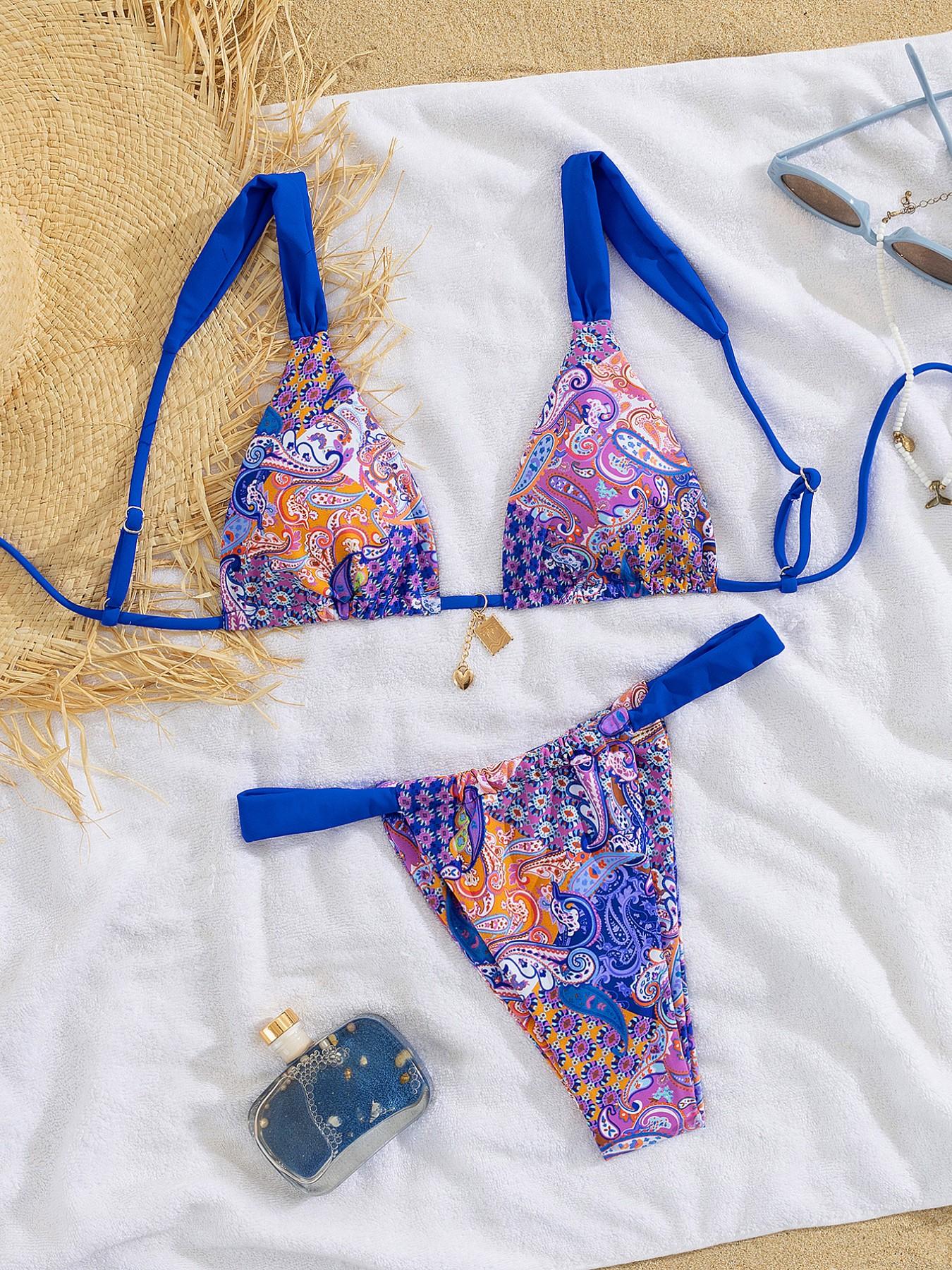 Women's Patchwork Print Bikini Set, Casual Adjustable Strap Tie Back Swim Top & Swim Bottom, Women's Swimsuit for Summer Beach Holiday Vacation, Patchwork Bikini Sets