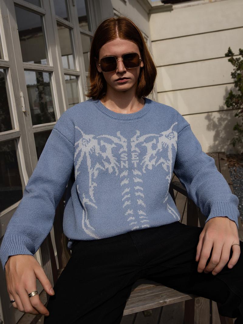 HYPESTFIT Men's Oversized Crewneck Sweater Trendy Comfy Acrylic Knitwear for Halloween Fall Streetwear Everyday Style Hipster Fashion - Stylish - Casual