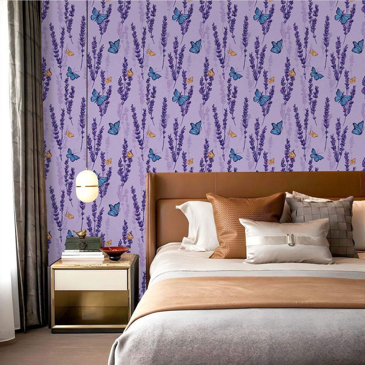 1pc romantic lavender butterfly element printed PVC wallpaper, with adhesive backing for peel-and-stick application, suitable for covering dirty or messy walls, renovating old walls, and home decoration; suitable for all room walls, can be used as a gift