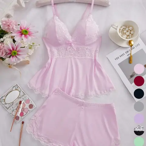 【Black Friday】Women’s Halloween Lace-Trim Spaghetti-Strap 2-Piece Sleepwear Set, Soft Camisole Top and Elastic-Waist Shorts, Elegant Lingerie and Year-Round Homewear