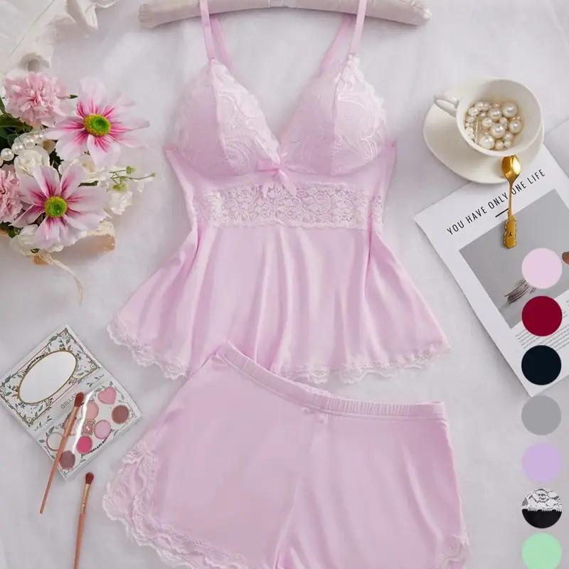 【Black Friday】Women’s Halloween Lace-Trim Spaghetti-Strap 2-Piece Sleepwear Set, Soft Camisole Top and Elastic-Waist Shorts, Elegant Lingerie and Year-Round Homewear