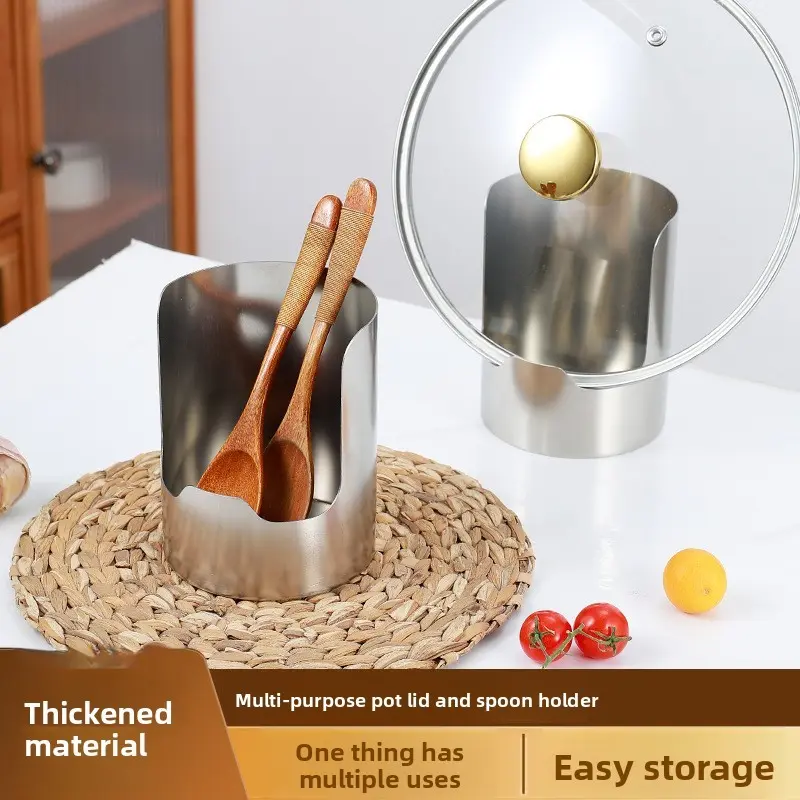 1pc Stainless Steel Spoon Rack with Cover, Multi-Functional Countertop Organizer, Holds Pot Lids, Spatulas, Utensils, Long Handles, Kitchen Drain Tray