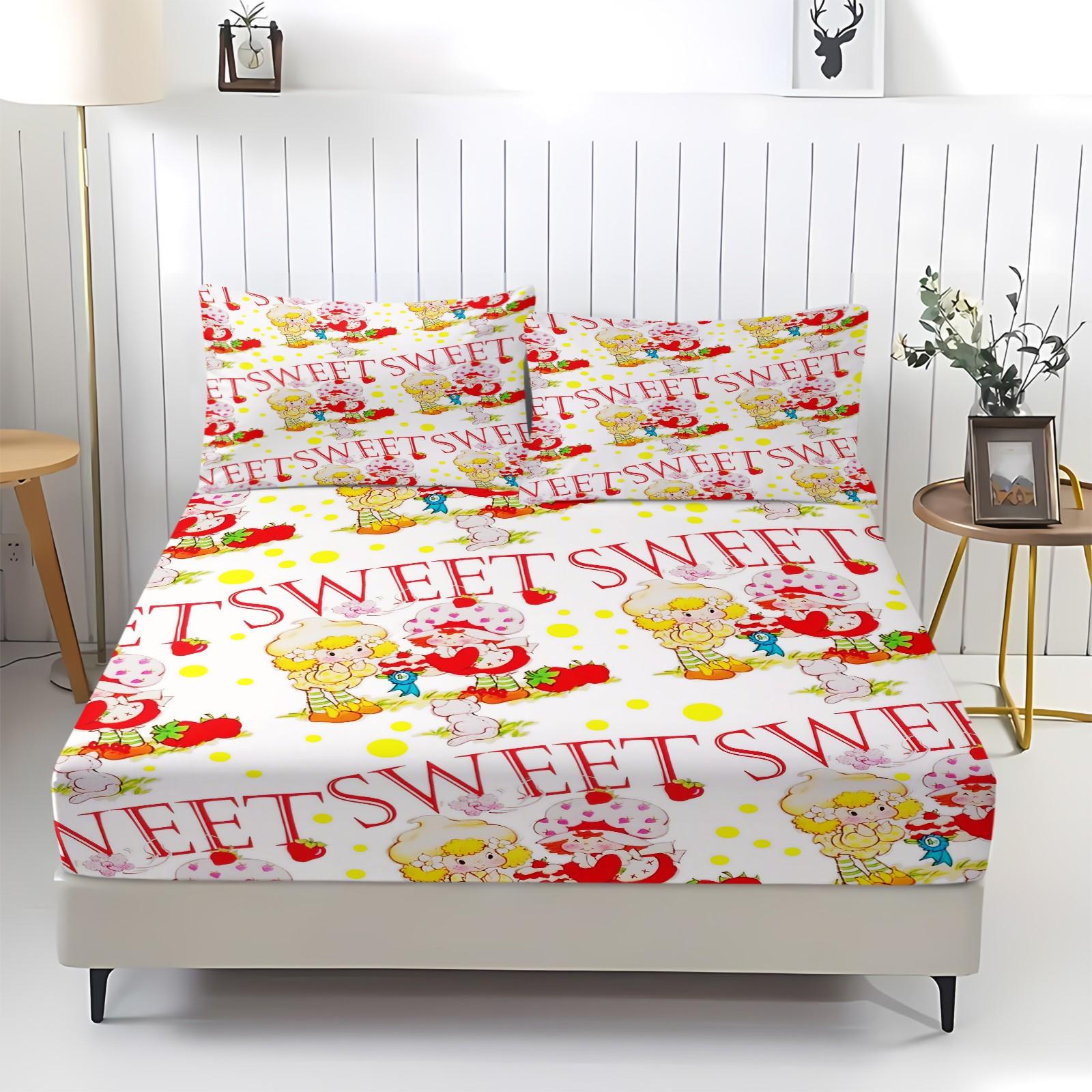 Strawberry Shortcake Sweet Fitted Sheet Set, 1 Fitted Sheet + 2 Pillowcases - 3 Pcs Soft Breathable Bedding with Deep Pocket, 360° All-Round Wrap, Wrinkle Resistant, Cute Cartoon Bed Sheets for Girls Bedroom, Full Size