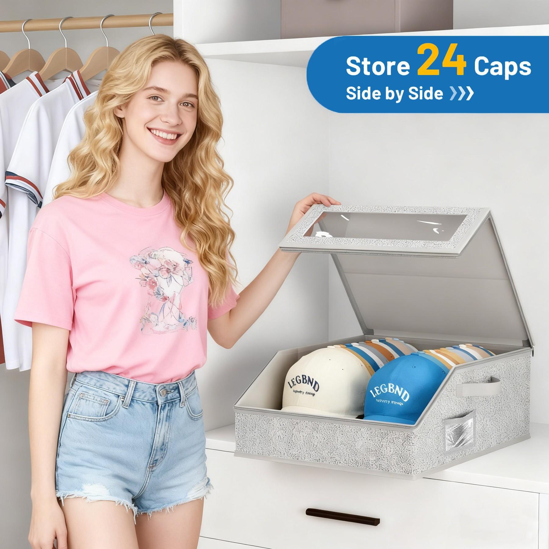 Large Capacity Baseball Cap Storage Box, Holds 24/48 Hats, Fabric Material, Zipper Closure, Foldable, Collapsible Design Boxes, Ideal for Home Organization, Display Box, Foldable Storage Boxes