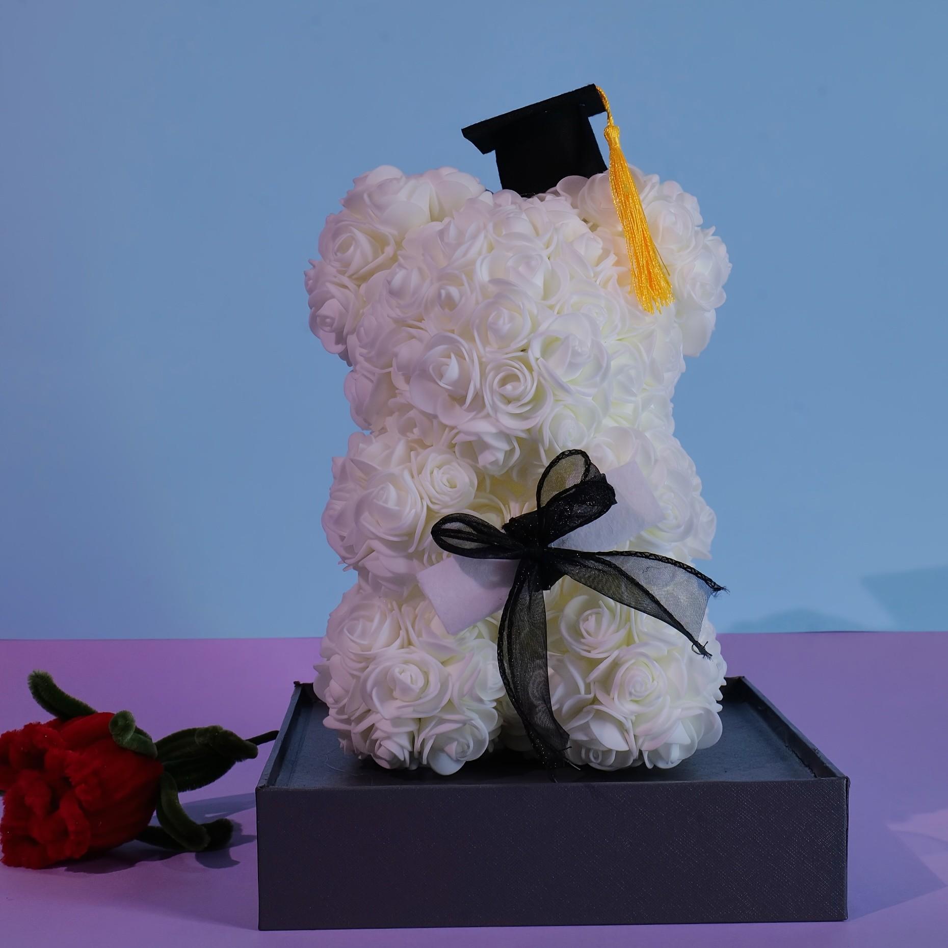 Graduation Gift Bear with Rose Hat, Multiple Colors Available, Perfect Graduation Present, Elegant and Unique Design