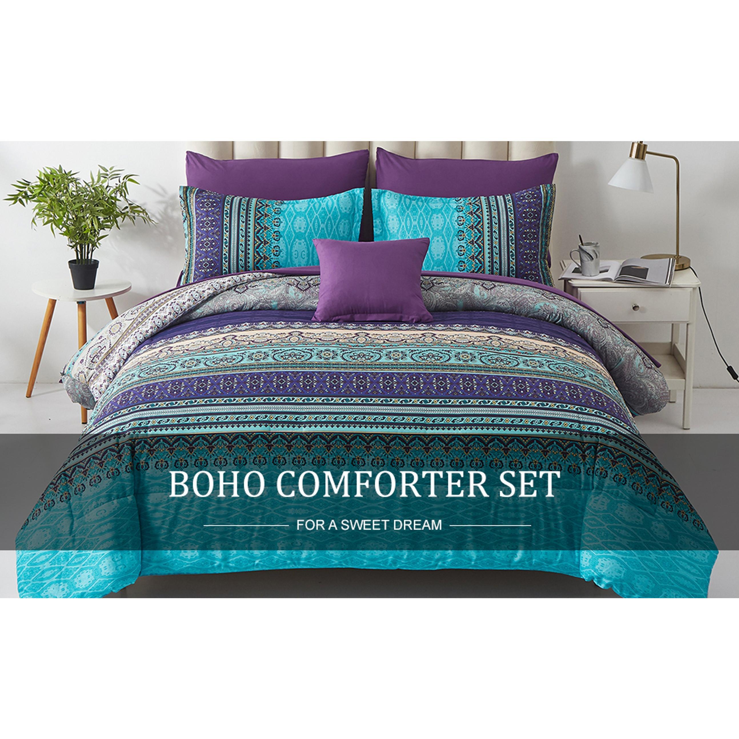 Boho Comforter Set Queen Size 8 Piece Bed in a Bag Bohemian Striped Bedding Quilt Set Aqua Paisley Floral Comforter and Sheet Set,Soft Microfiber Complete Bedding Sets for All Season