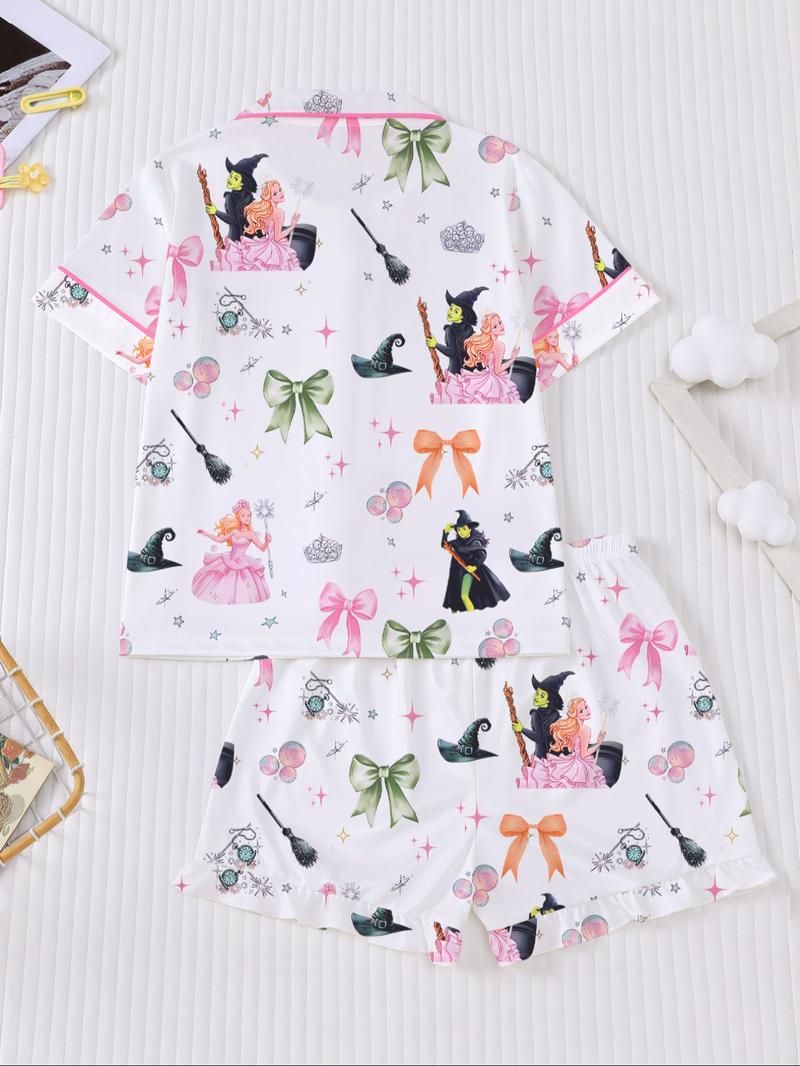 Cartoon Short Sleeve Shorts Pajama Set, New Fire Retardant Button Front Shirt & Loose Elastic Waist Ruffle Pants