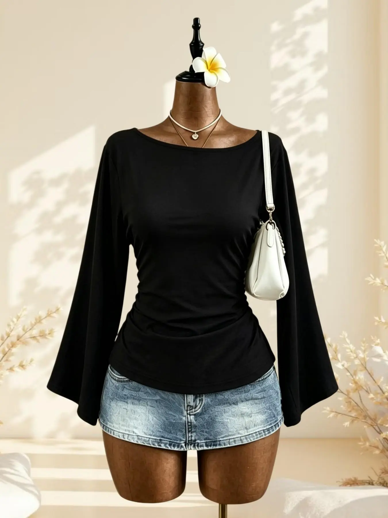 Women's solid color boat neck trumpet long sleeve elegant shirt Flared