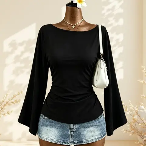 Women's Elegant Casual Solid Color Boat Neck Long Sleeve Fit