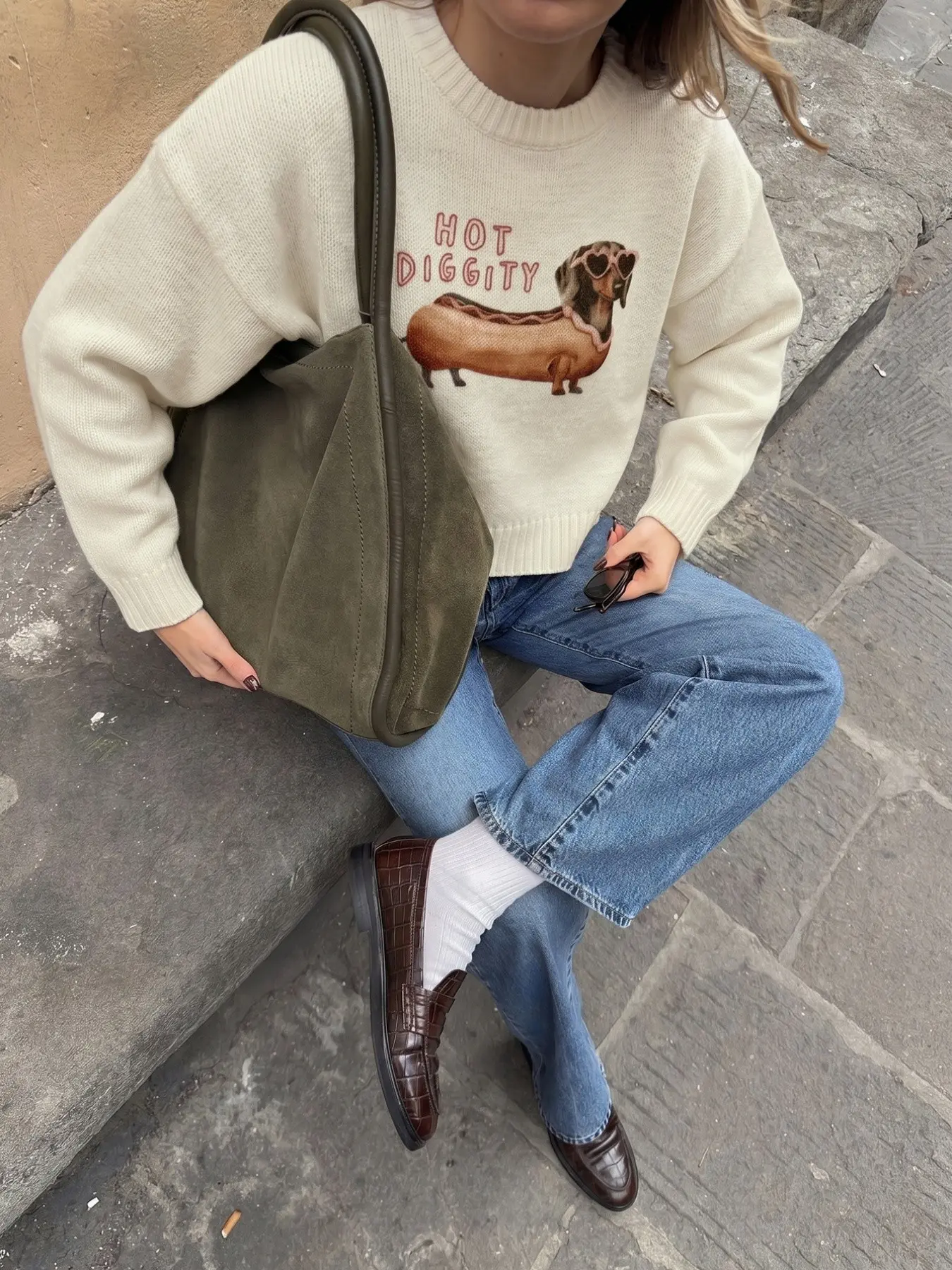 Women's Round Neck Letter Cartoon Cute Dachshund Print Fall Winter Daily Outing Fun Loose Casual Fashion Versatile Knit Sweater Pullover