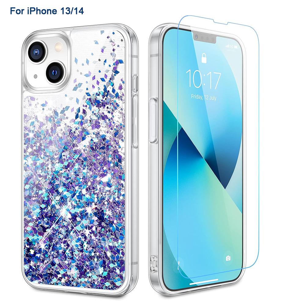 Phone case for iPhone 16 15 14 13 12 12Pro 11Protection Case, iPhone 6/6S/7/8 Case, iPhone SE 2022 Case, Glitter Case with Screen Protector, Full Body Rugged Liquid Shockproof Soft TPU Protective Phone Cover